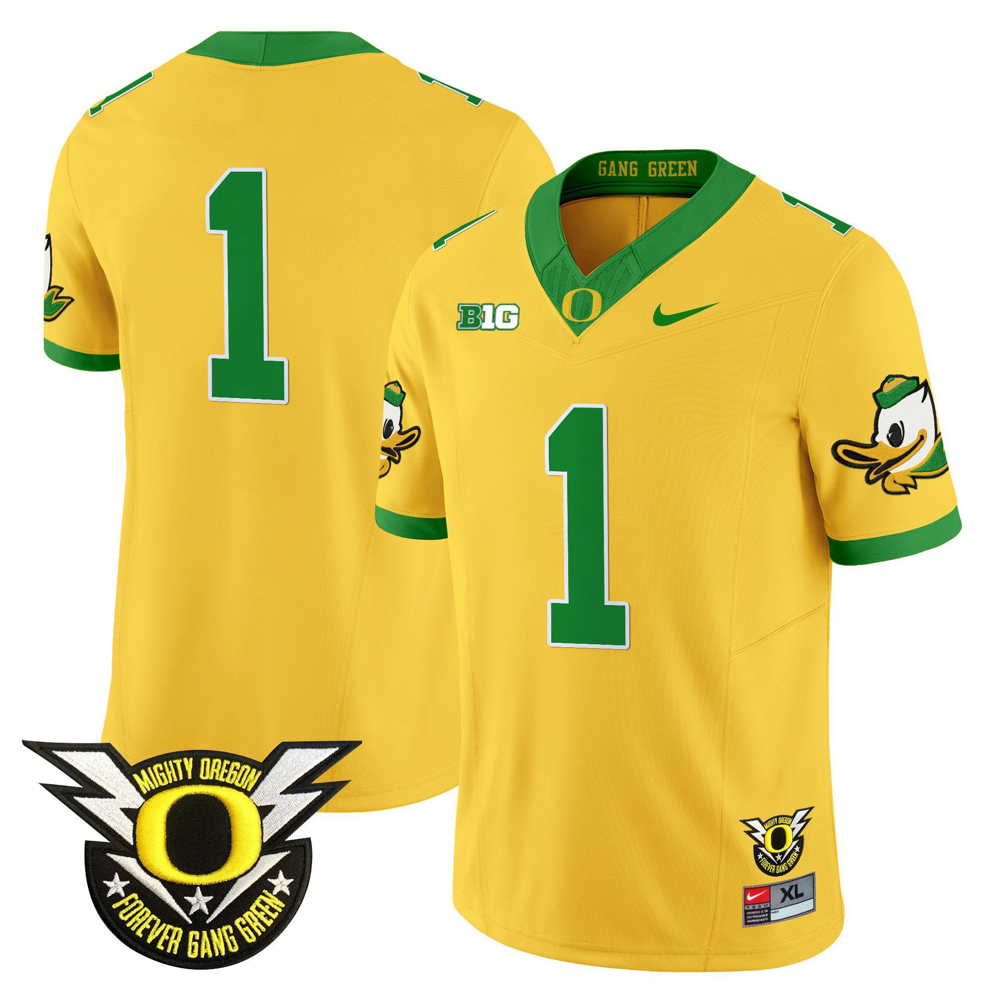 Men Oregon Ducks #1 No Name Yellow 2024 Nike Forever Gang Green & BIG Patch Vapor Limited NCAA Jersey